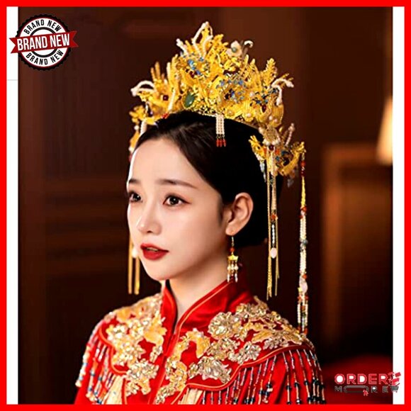 Traditional Chinese Wedding Tiara Headband with Earrings Gold Floral Beaded main image 4